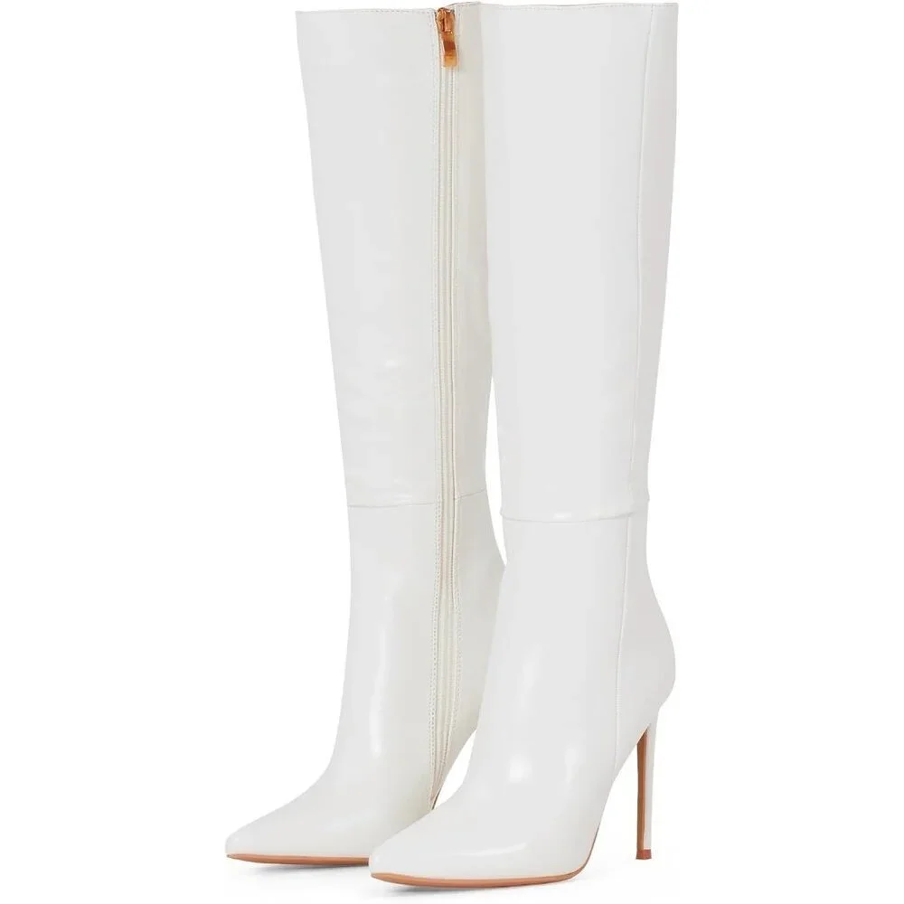 Women's White Leather Suede Knee High Stiletto Tall Pointed Toe Stylish Boot